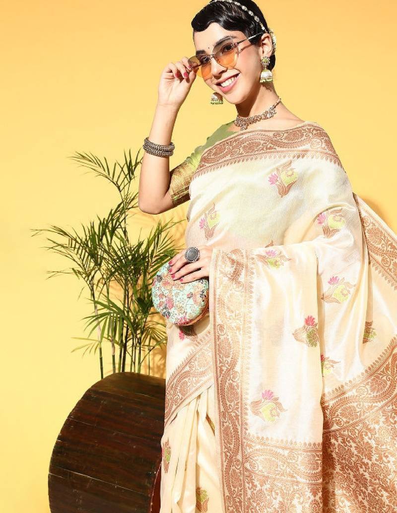 Beige woven design banarasi saree
