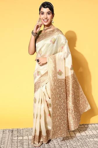 beige silk blend banarasi saree with woven design