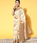 beige silk blend banarasi saree with woven design