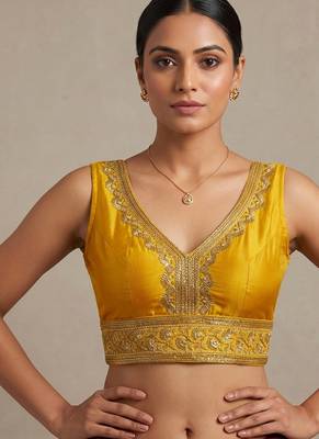 Mustard roman silk with coading sequence & beads work readymade blouse 1