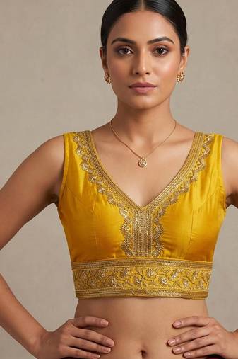 Mustard roman silk with coading sequence & beads work readymade blouse
