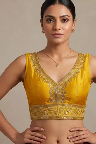 Mustard roman silk with coading sequence & beads work readymade blouse