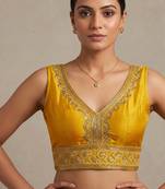 Mustard roman silk with coading sequence & beads work readymade blouse