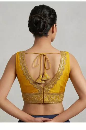 Mustard roman silk with coading sequence & beads work readymade blouse