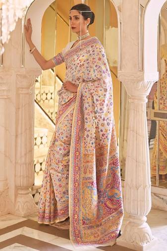 beige and yellow floral silk blend banarasi saree