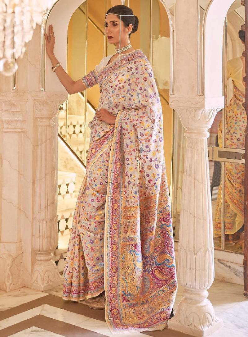 Beige & yellow floral silk blend banarasi saree