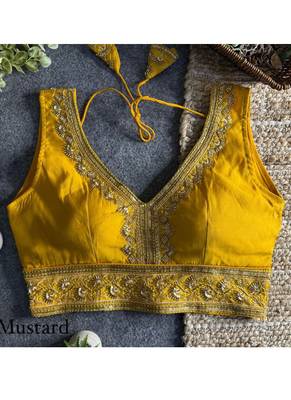 Mustard roman silk with coading sequence & beads work readymade blouse 3