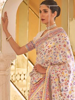Beige & yellow floral silk blend banarasi saree 2