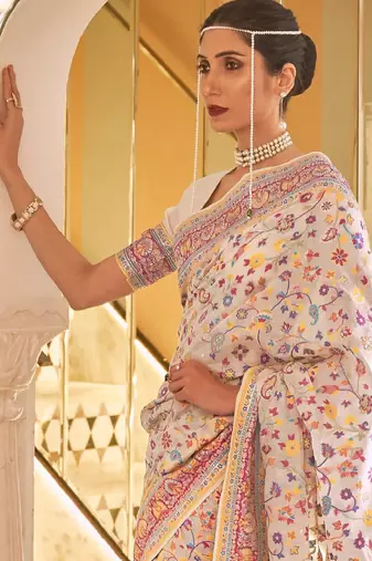 Beige & yellow floral silk blend banarasi saree