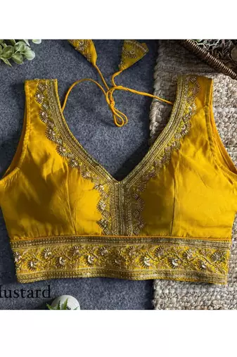 Mustard roman silk with coading sequence & beads work readymade blouse
