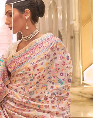 Beige & yellow floral silk blend banarasi saree 3