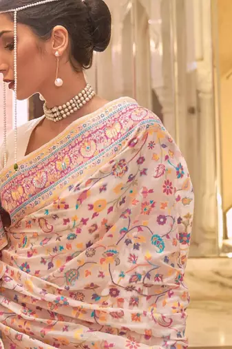 Beige & yellow floral silk blend banarasi saree
