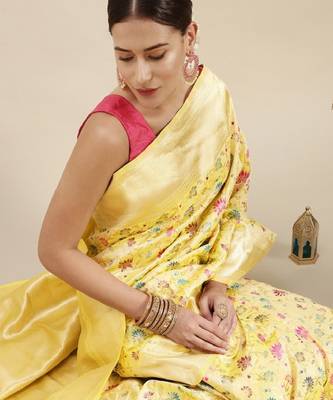 Beige & pink floral zari silk blend celebrity banarasi sarees 1