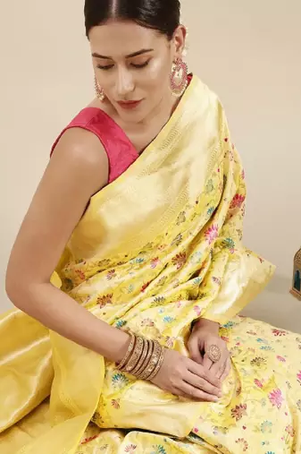 beige and pink floral zari silk blend celebrity banarasi saree