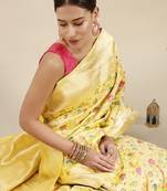 Beige & pink floral zari silk blend celebrity banarasi sarees