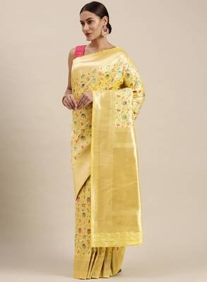 Beige & pink floral zari silk blend celebrity banarasi sarees 2