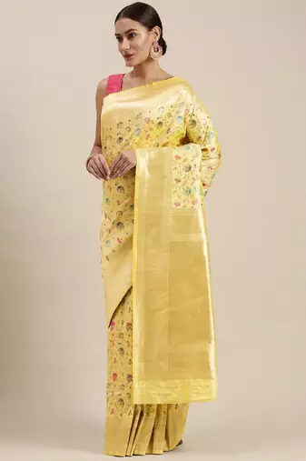 beige and pink floral zari silk blend celebrity banarasi saree