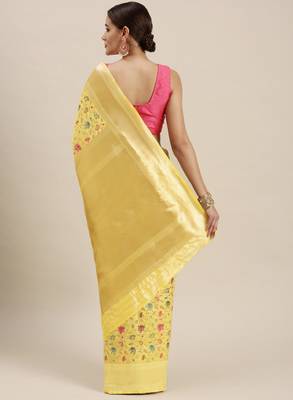 Beige & pink floral zari silk blend celebrity banarasi sarees 3