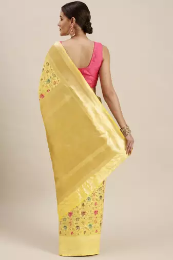 beige and pink floral zari silk blend celebrity banarasi saree