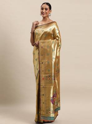 Golden & green woven design paithani saree 1