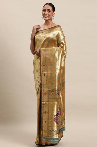 golden and green silk blend paithani saree with woven design