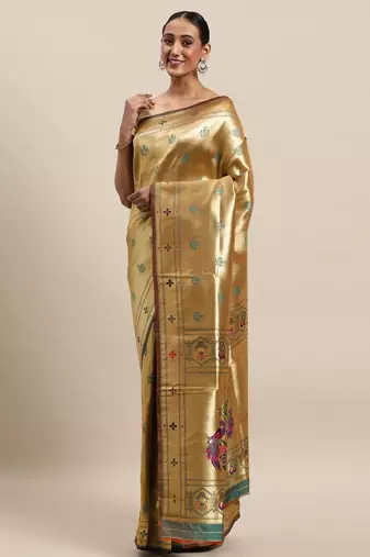 Golden & green woven design paithani saree