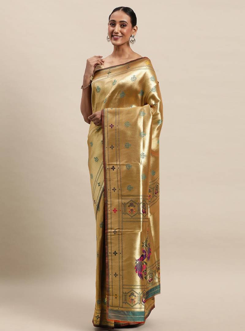 Golden & green woven design paithani saree