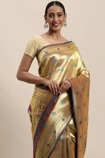 Golden & green woven design paithani saree