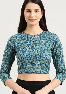 Green cotton sanganeri printed non padded blouse 4