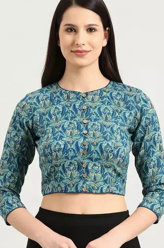 Green cotton sanganeri printed non padded blouse