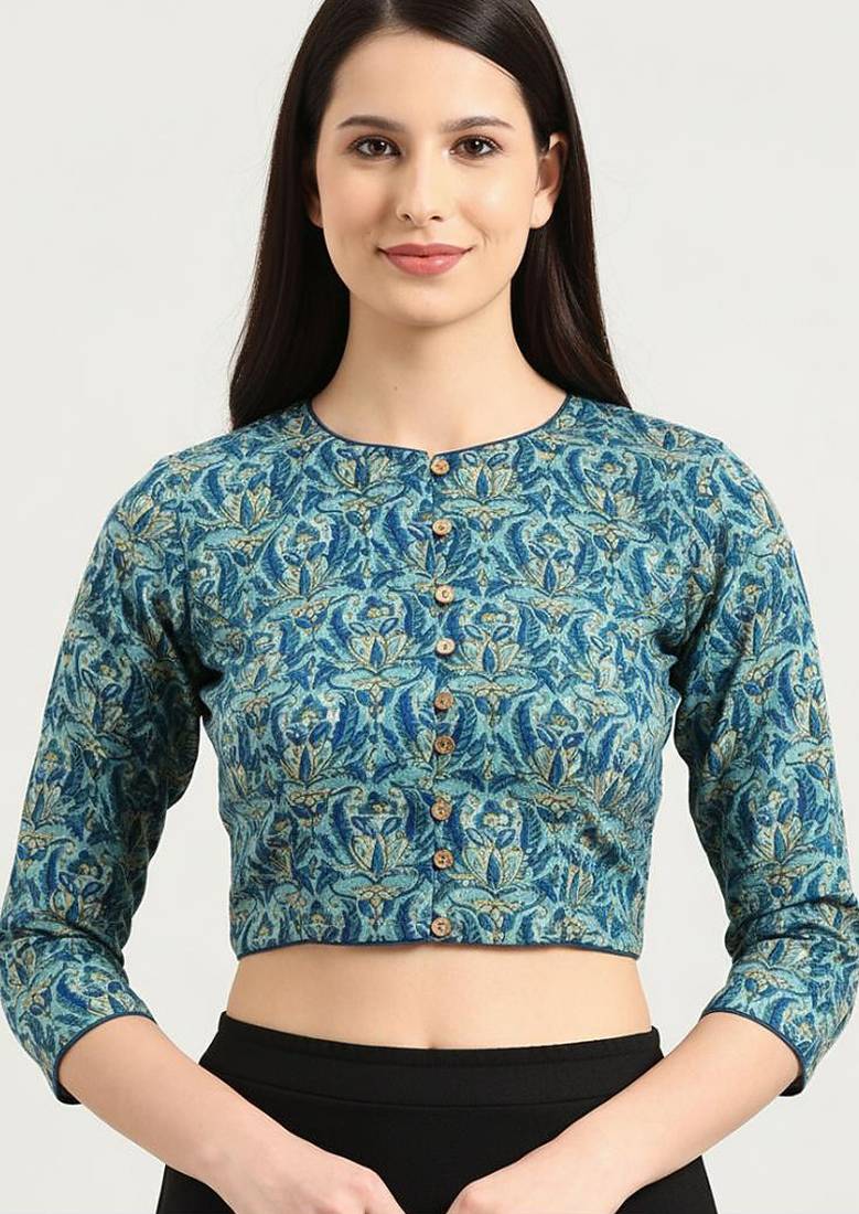 Green cotton sanganeri printed non padded blouse