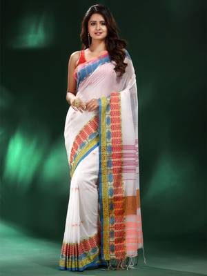 White & pink woven design pure cotton saree 1