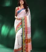 White & pink woven design pure cotton saree