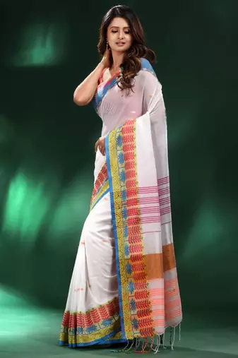 White & pink woven design pure cotton saree