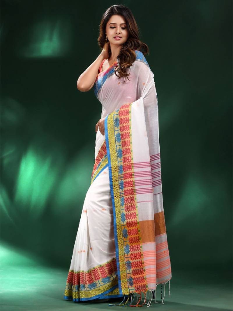 White & pink woven design pure cotton saree