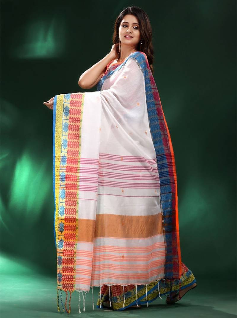 White & pink woven design pure cotton saree