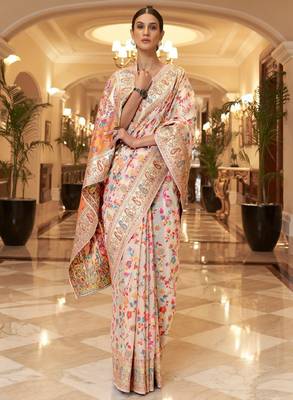 Cream-coloured & blue floral zari silk blend paithani saree 1