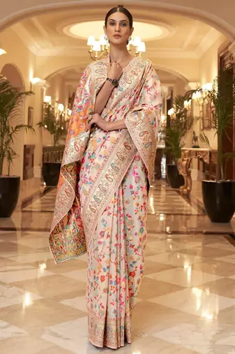 cream and blue silk blend paithani saree with floral zari design
