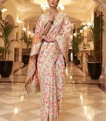 Cream-coloured & blue floral zari silk blend paithani saree