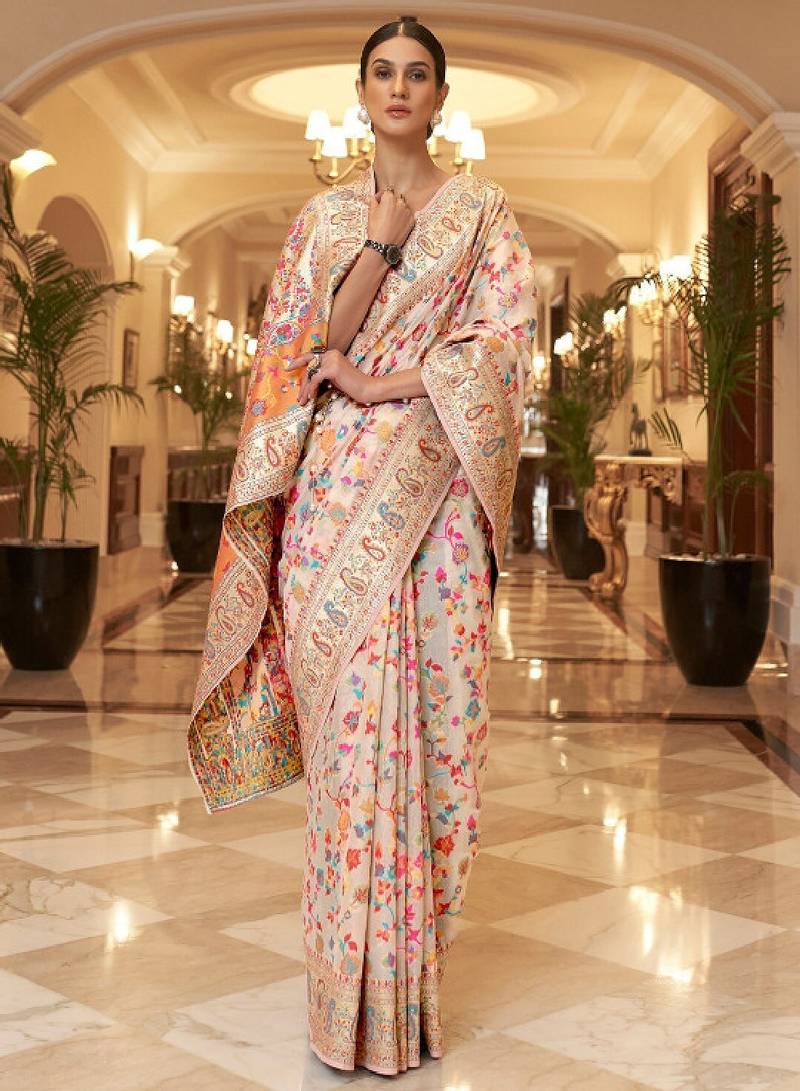 Cream-coloured & blue floral zari silk blend paithani saree