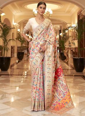 Cream-coloured & blue floral zari silk blend paithani saree 2