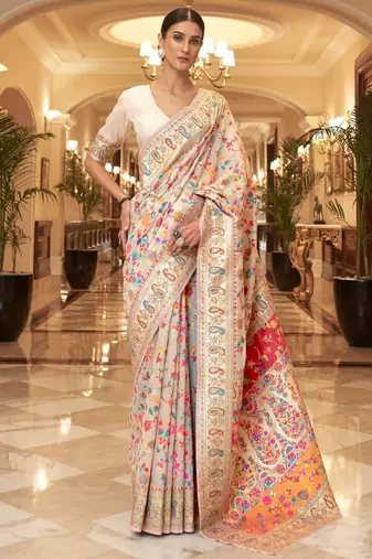 cream and blue silk blend paithani saree with floral zari design
