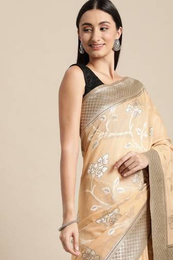 beige floral silk blend banarasi saree