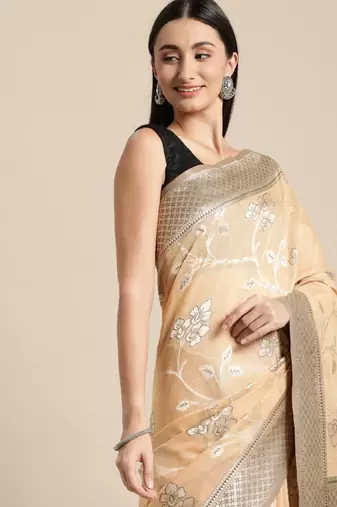beige floral silk blend banarasi saree