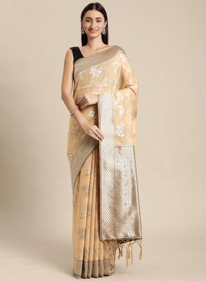 Beige floral silk blend banarasi saree 2
