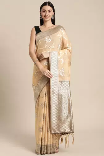 beige floral silk blend banarasi saree