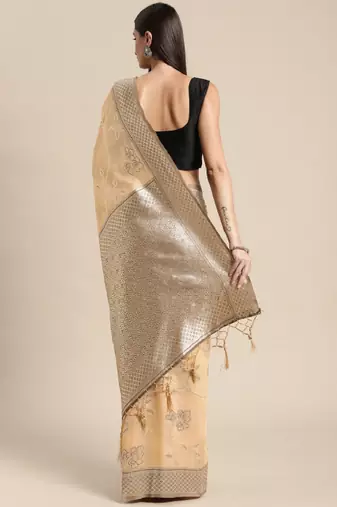 beige floral silk blend banarasi saree
