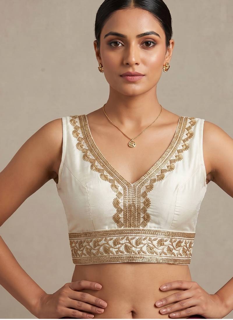 White roman silk with coading sequence & beads work readymade blouse