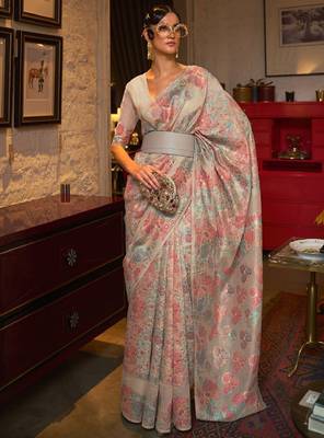 Beige & pink floral zari silk blend banarasi saree 1