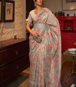 Beige & pink floral zari silk blend banarasi saree
